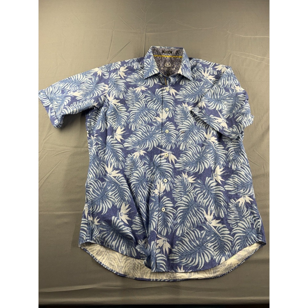 BUGATCHI Uomo Mens Classic Fit Blue Tropical Leaf Short Sleeve Shirt 100% Cotton